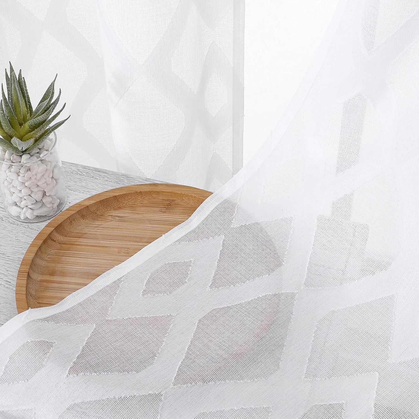 Sheer White Curtains 84 Inches Long 2 Panels Set for Bedroom, Light Filtering Geometric Jacquard Clip Textured Window Curtain, Modern Farmhouse Curtains for Living Room, Total Wide 84" Inch