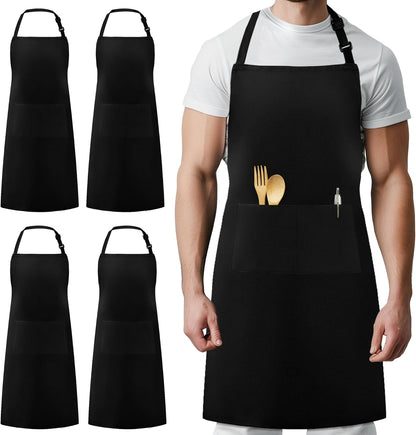 4 Pack Chef Apron, Adjustable Bib Apron Waterdrop Resistant Professional Cooking Aprons for Men Women with 2 Pockets, Black