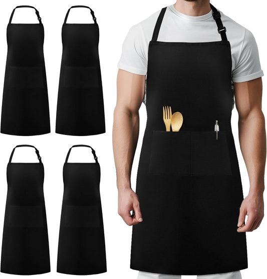 4 Pack Chef Apron, Adjustable Bib Apron Waterdrop Resistant Professional Cooking Aprons for Men Women with 2 Pockets, Black