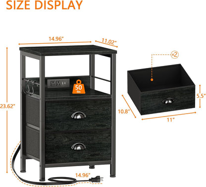Nightstand with Charging Station, Black Night Stand with 2 Fabric Drawers, Side Table with USB Ports, End Table with Storage Shelf, for Living Room/Bedroom, Black Oak