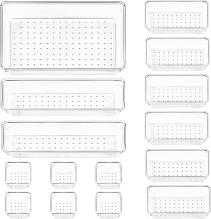 15 PCS Clear Plastic Drawer Organizers Set, 4-Size Versatile Bathroom and Vanity Organizer Trays, Non-Slip Storage Containers for Makeup, Jewelries, Bedroom，Kitchen Utensils and Office
