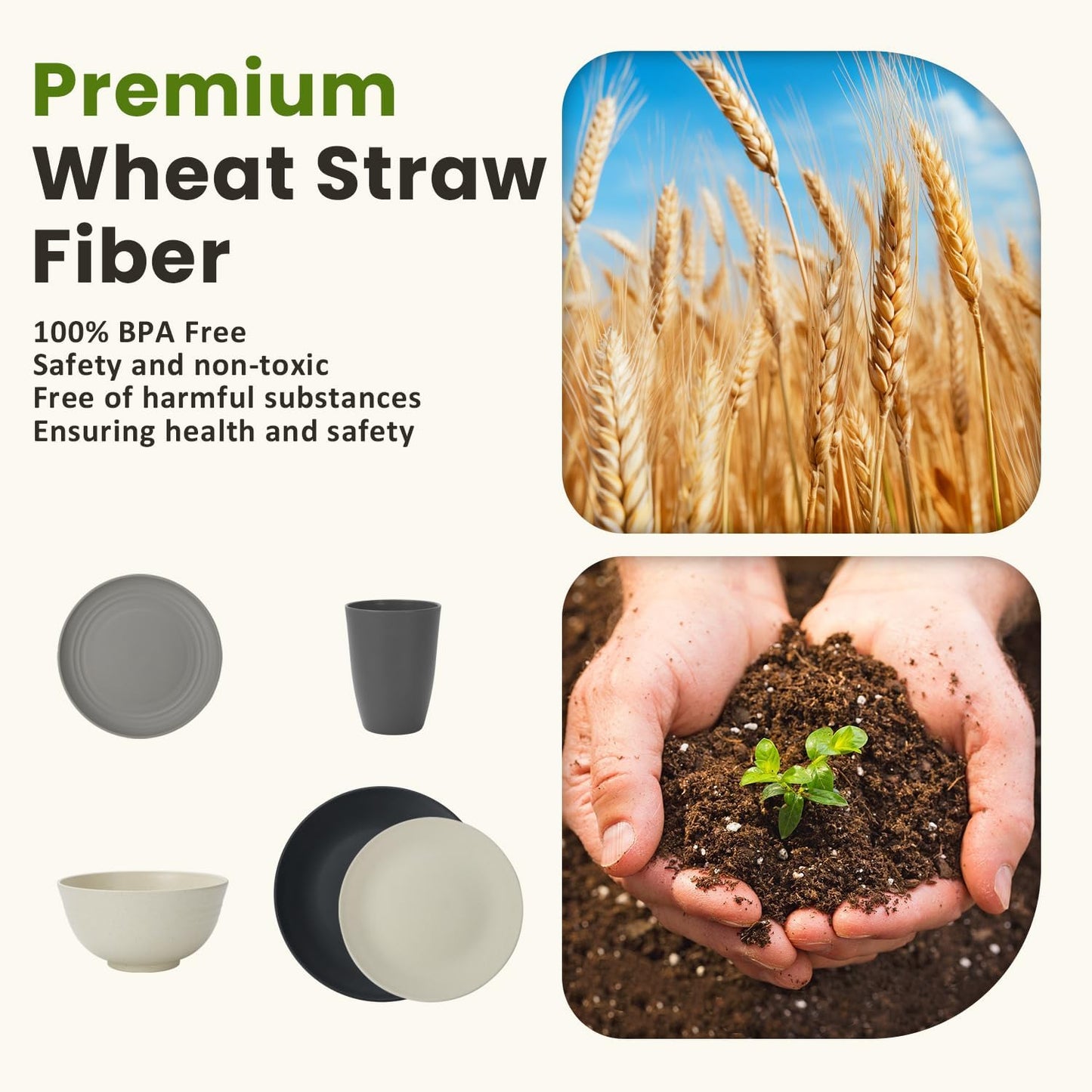 40-Piece Kitchen Wheat Straw Dinnerware Set - Includes Dinner Plates, Cereal Bowls, and Cups, Microwave and Dishwasher Safe, Unbreakable for Parties and Outdoor Use (Grey Stone)