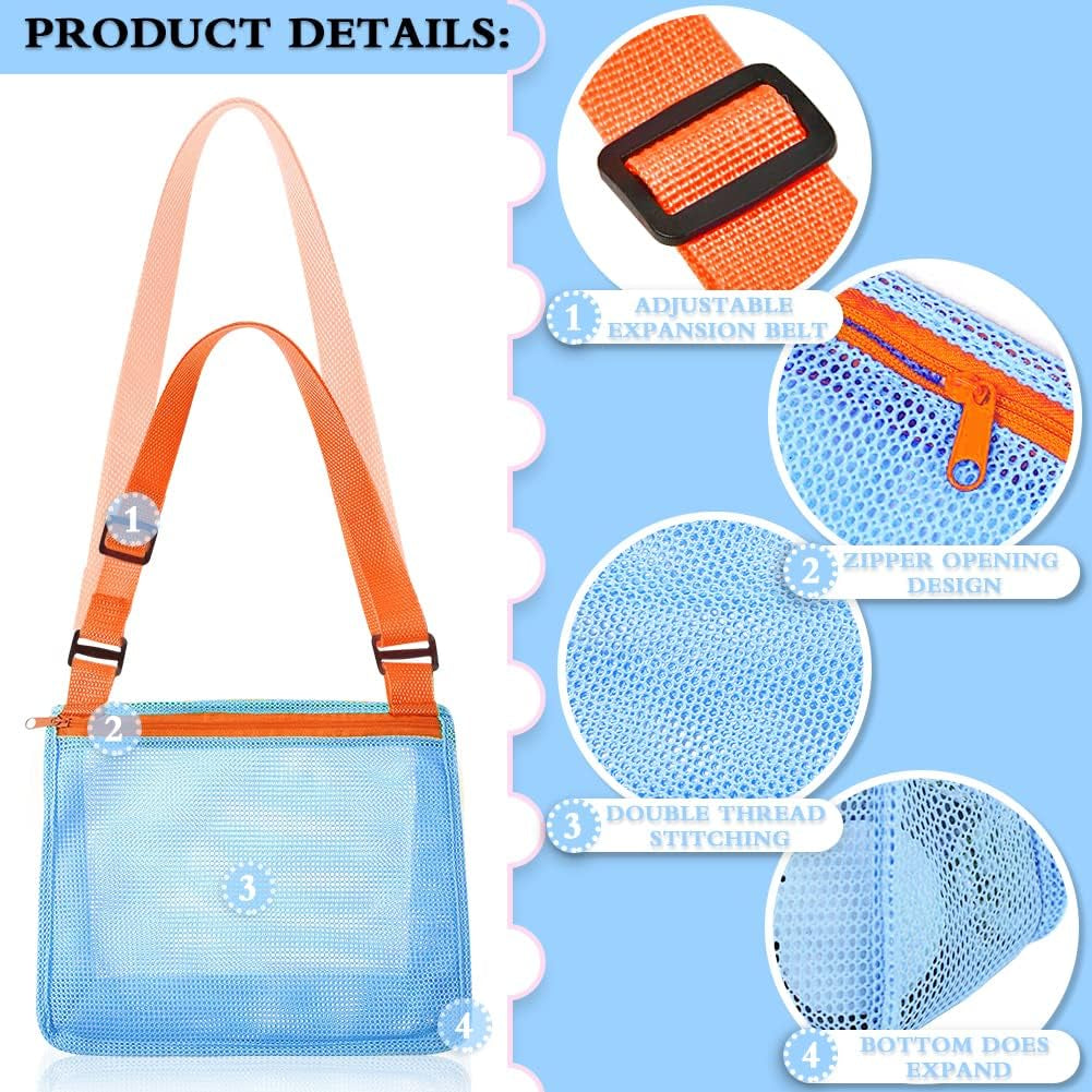 Beach Toy Mesh Beach Bag, Kids Beach Sand Toy Seashell Bag with Adjustable Shoulder Straps, Kids Shells Bags for Picking up Shells Beach Sand Toys for Boys and Girls (Blue)