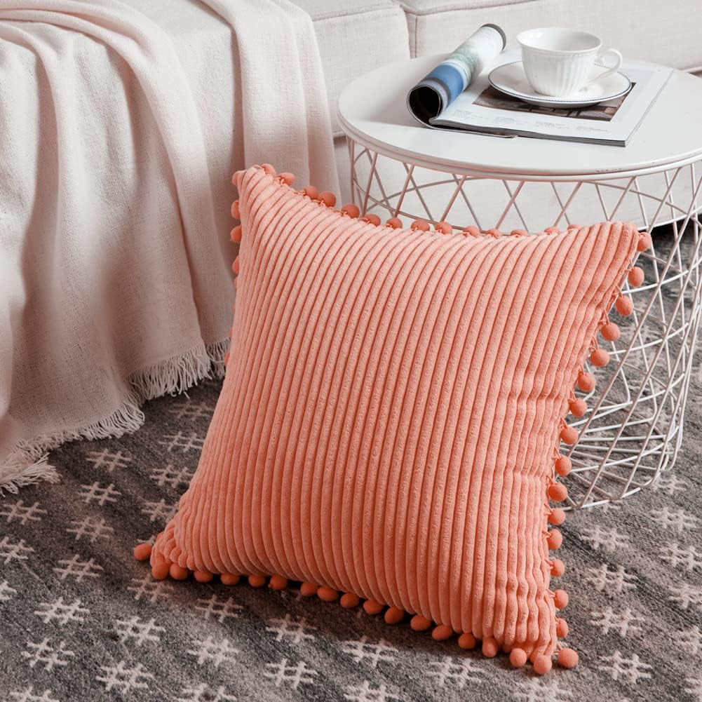 Pack of 2 Coral Decorative Throw Pillow Covers 18X18 Inch with Pom-Poms for Living Room Couch Bedroom, Soft Corduroy Peach Solid Square Cushion Case 45X45 Cm, Rustic Farmhouse Home Decor