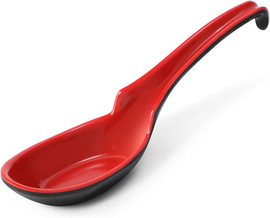 12 PACK Asian Soup Spoons, Rice Spoons, Melamine Chinese Won Ton Soup Spoon for Soba, Pho, Ramen, Noodle, Korean Style Large Spoon with Long Handle- Notch and Hook Style, Red ＆ Black