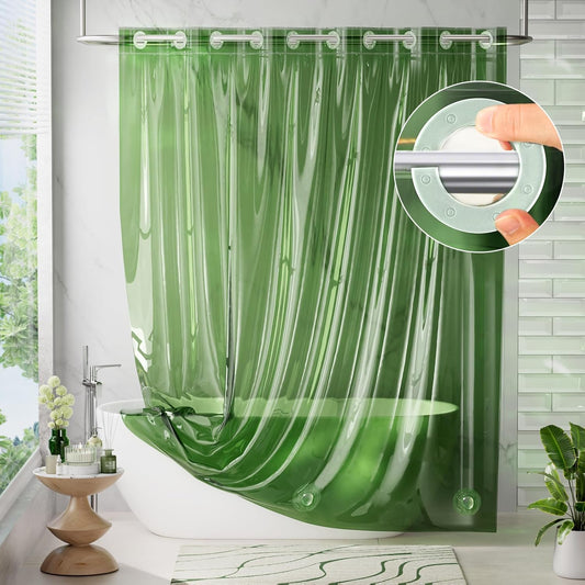 No Hook Shower Curtain Liner, 100% EVA Heavy Duty Hookless Shower Curtain and Liner 3-In-1, 72X75 Luxury Soft Shower Liner with 3 Heavyweight Stones, Clear Green