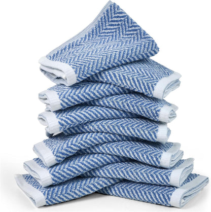 Wash Cloths for Your Face and Body, 12 Washcloths for Showering with Decorative Herringbone Stripes, 100% Cotton, Light Blue, 13 X 13 Inches