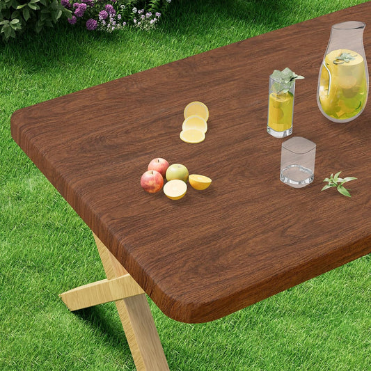 Rectangle Vinyl Tablecloth, Fitted Table Cover, Waterproof, Elastic Edge, Plastic Table Cloth Fit 6 Foot Folding Tables for Picnic, Indoor and Outdoor (Oak Wooden Grain, 30X72 Inch)