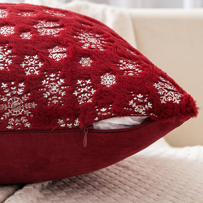 Christmas Burgundy Throw Pillow Covers Set of 2 Snowflakes Decorative Winter Couch Pillowcases 18×18 Inch Soft Plush Faux Fur Farmhouse Home Holiday Festival Decors for Sofa Living Room Bed