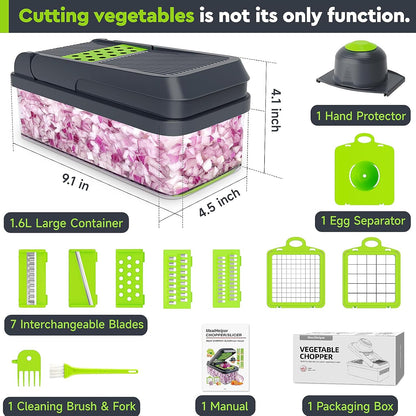 12-in-1 Vegetable Chopper with 7 Blades and Container, Versatile Food Preparation Tool, Cheese Grater, Essential Kitchen Gadget (Green/Grey)