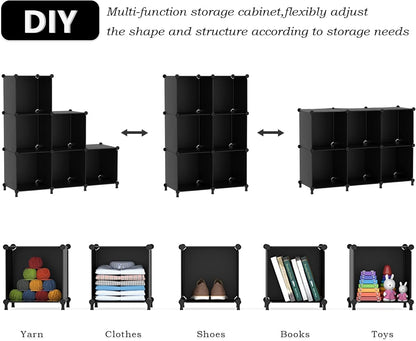 Cube Storage Organizer, Storage Cubes Shelves Bookshelf, 6 Cube Closet Organizers and Storage, DIY Stackable Plastic Clothes Organizer Shelving for Bedroom, Home, Black