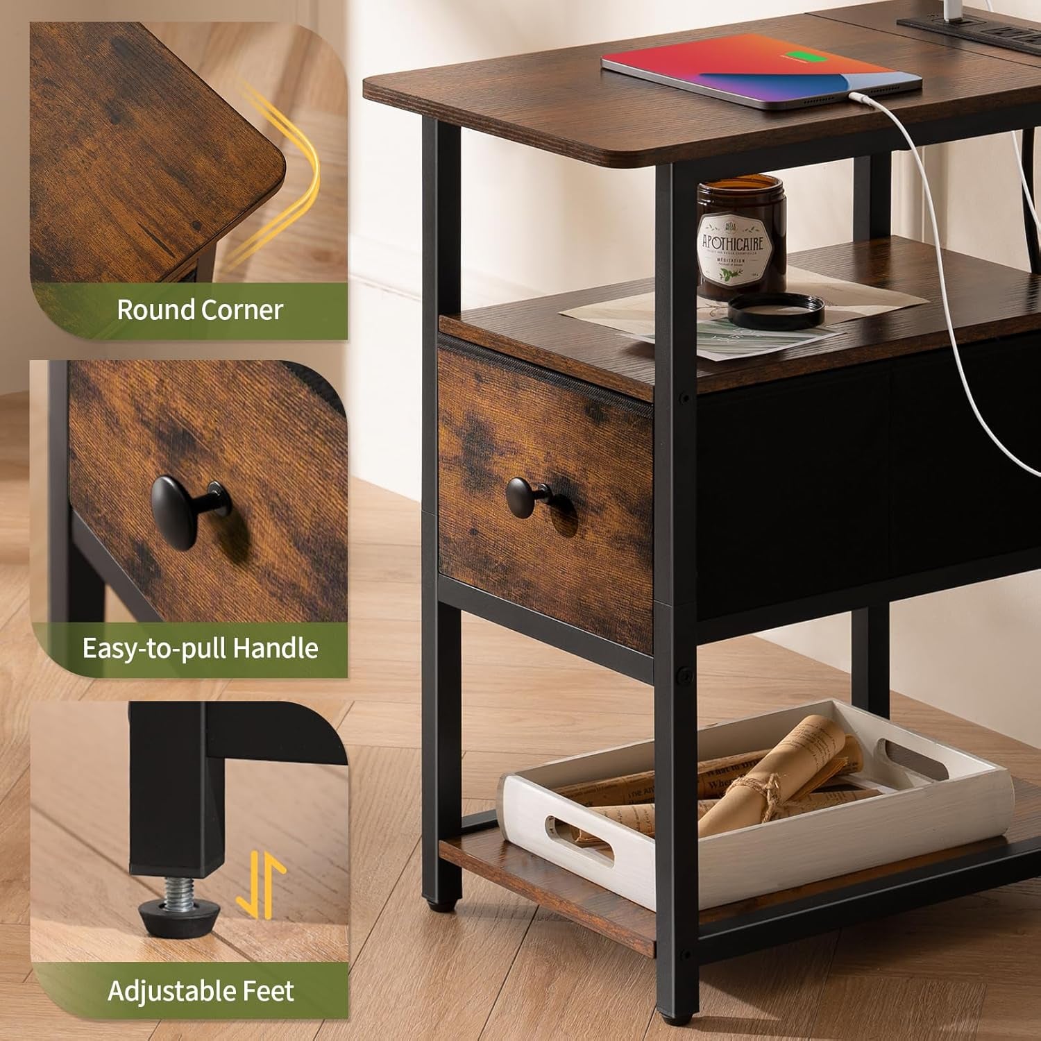 End Table with Charging Station, Narrow Side Table with Adjustable Fabric Drawer, 3-Tier End Tables Living Room, Small Nightstand with Outlets, LED Skinny Night Stand for Bedroom Small Spaces