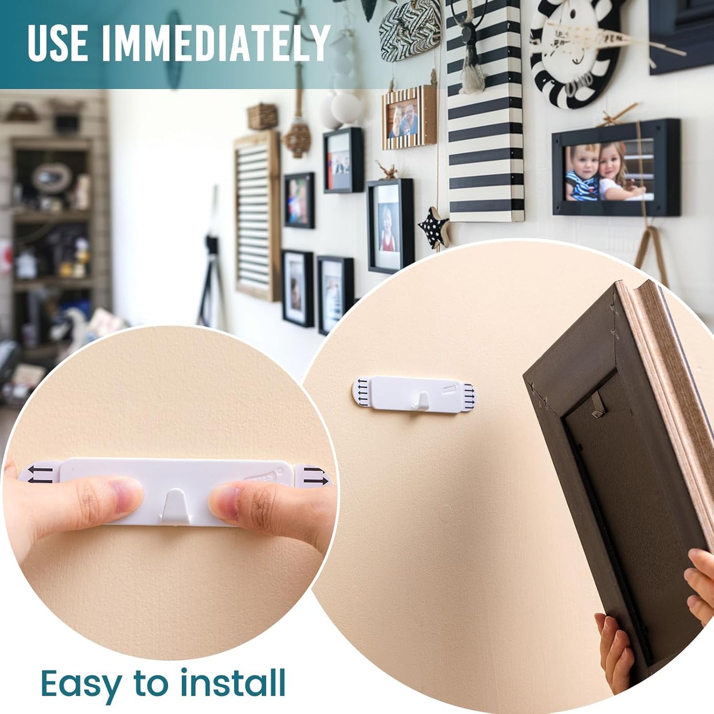 Picture Hangers 4 Pack, Adhesive Hanging Hooks without Nails, No Damage Sawtooth Hangers, Art Hanger for Bathroom Kitchen Home Door Closet, Inclue 2 Extra Strips