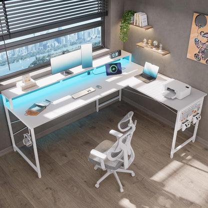 64 Inch L Shaped Gaming Desk with Power Outlets and Led Lights, Large Corner Computer Desk with Monitor Stand and Pegboard, PC Table for Home Office and Bedroom White