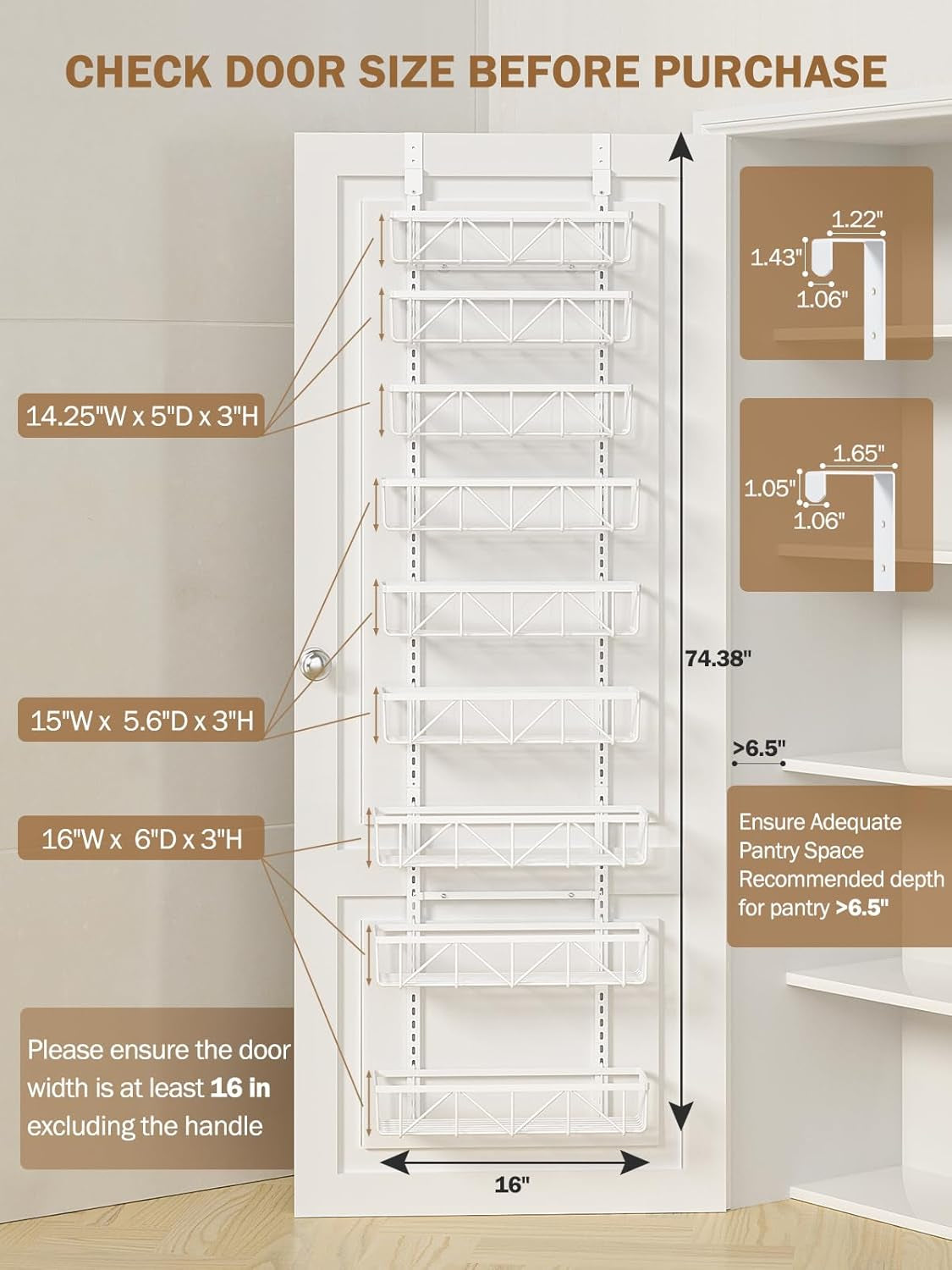 Adjustable over the Door Pantry Organizer, 9-Tier Metal Pantry Organization and Storage for Kitchen, Hanging Spice Rack Seasoning Shelves, Cabinet Door Organizer for Easy Install, 16" White