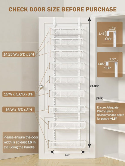 Adjustable over the Door Pantry Organizer, 9-Tier Metal Pantry Organization and Storage for Kitchen, Hanging Spice Rack Seasoning Shelves, Cabinet Door Organizer for Easy Install, 16" White