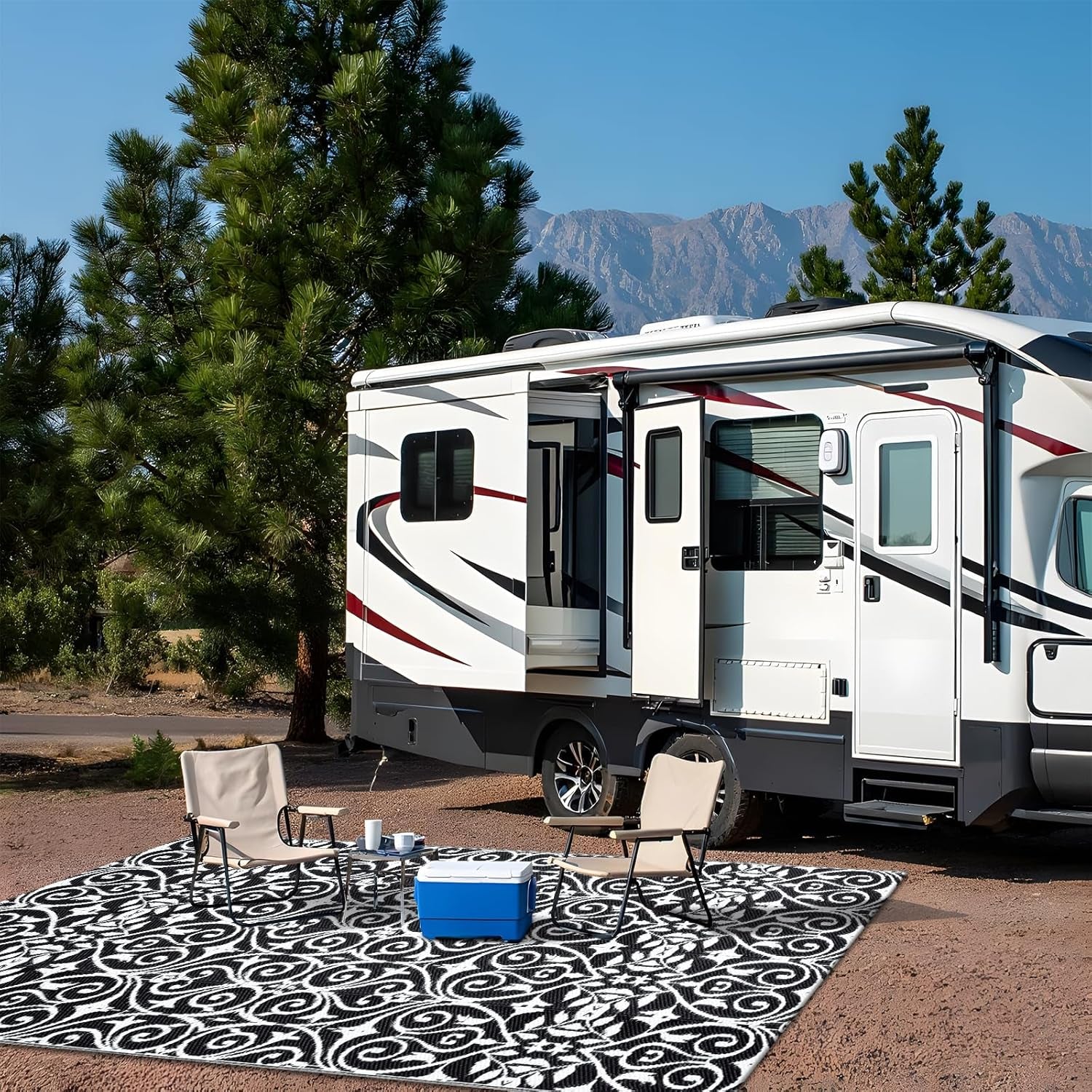 Outdoor Rug Waterproof 5X8 Ft Clearance, Reversible Outdoor Plastic Straw Rug with Floral Pattern, RV Mat for Patio, Camping, Balcony, Deck, Backyard, Black & White