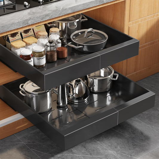 Expandable Pull-Out Cabinet Organizer Set - 21" Deep with Adjustable Width (12.05"-20.4"), Enhanced 3-Slide Rail Design, Black