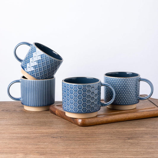 Stackable 12 OZ Ceramic Coffee Mugs Set of 4 with Textured Patterns, Dishwasher and Microwave Safe, Ideal for Lattes, Cappuccinos, and Cocoa