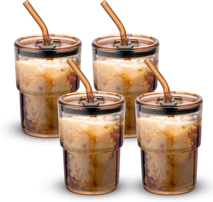 13 Oz Tumbler Water Glass, Water Bottle with Straw and Dustproof Lid, Coffee Ice Cup Double Wall Insulated Glass Cup (Amber-4Pack)
