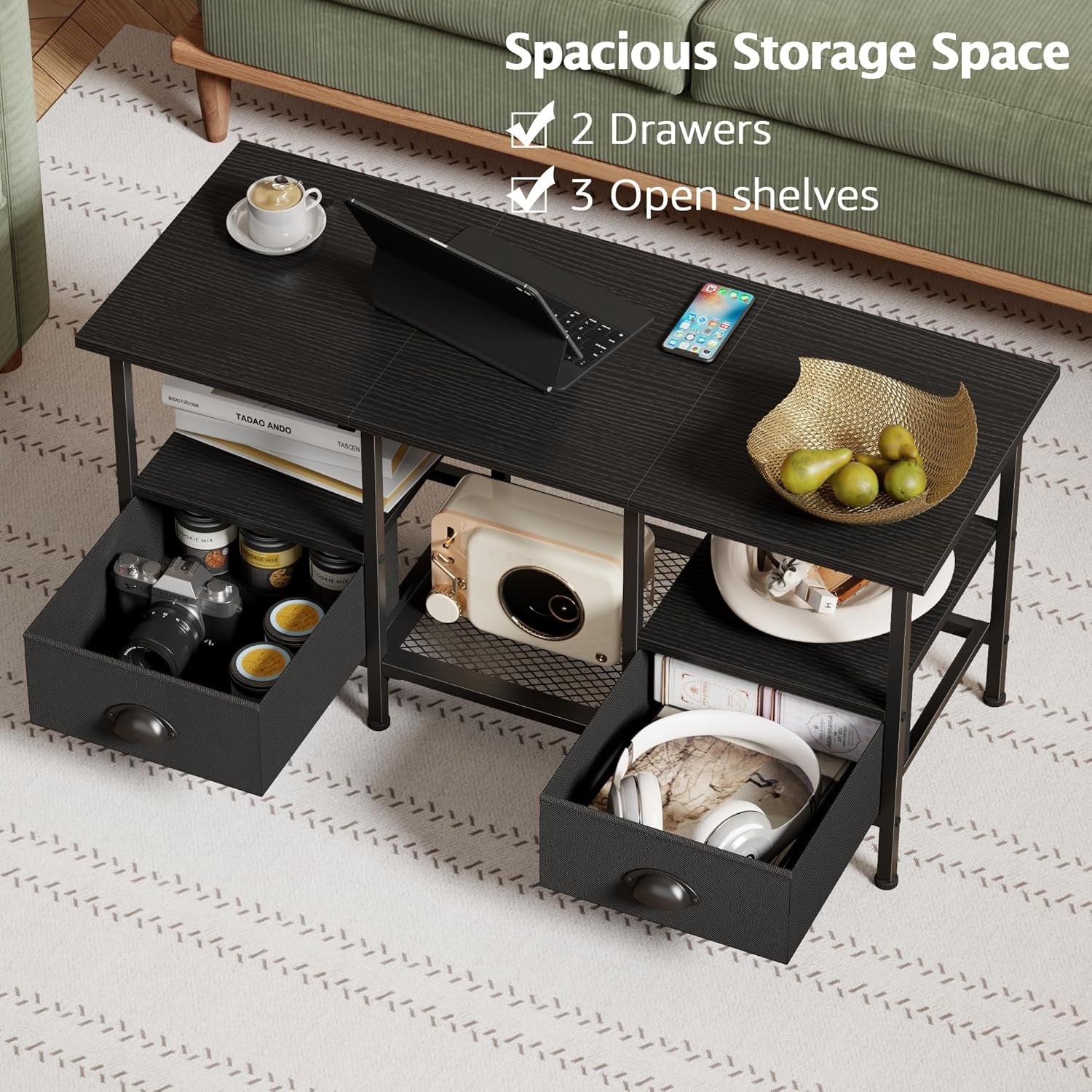 35" Coffee Table with 2 Storage Drawers, Small Coffee Tables for Living Room, Modern Center Table with 2 Tier Shelf, Black