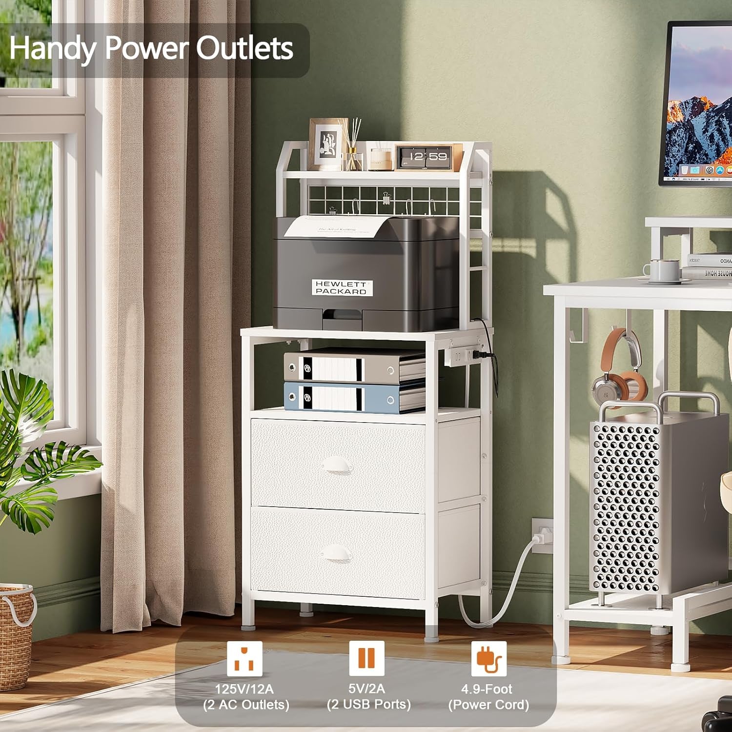 40'' Tall Nightstand with Charging Station, Bedside Table with LED Lights, End Table with 2 Drawers and Storage Shelves, Night Stand with Pegboard for Bedroom, White