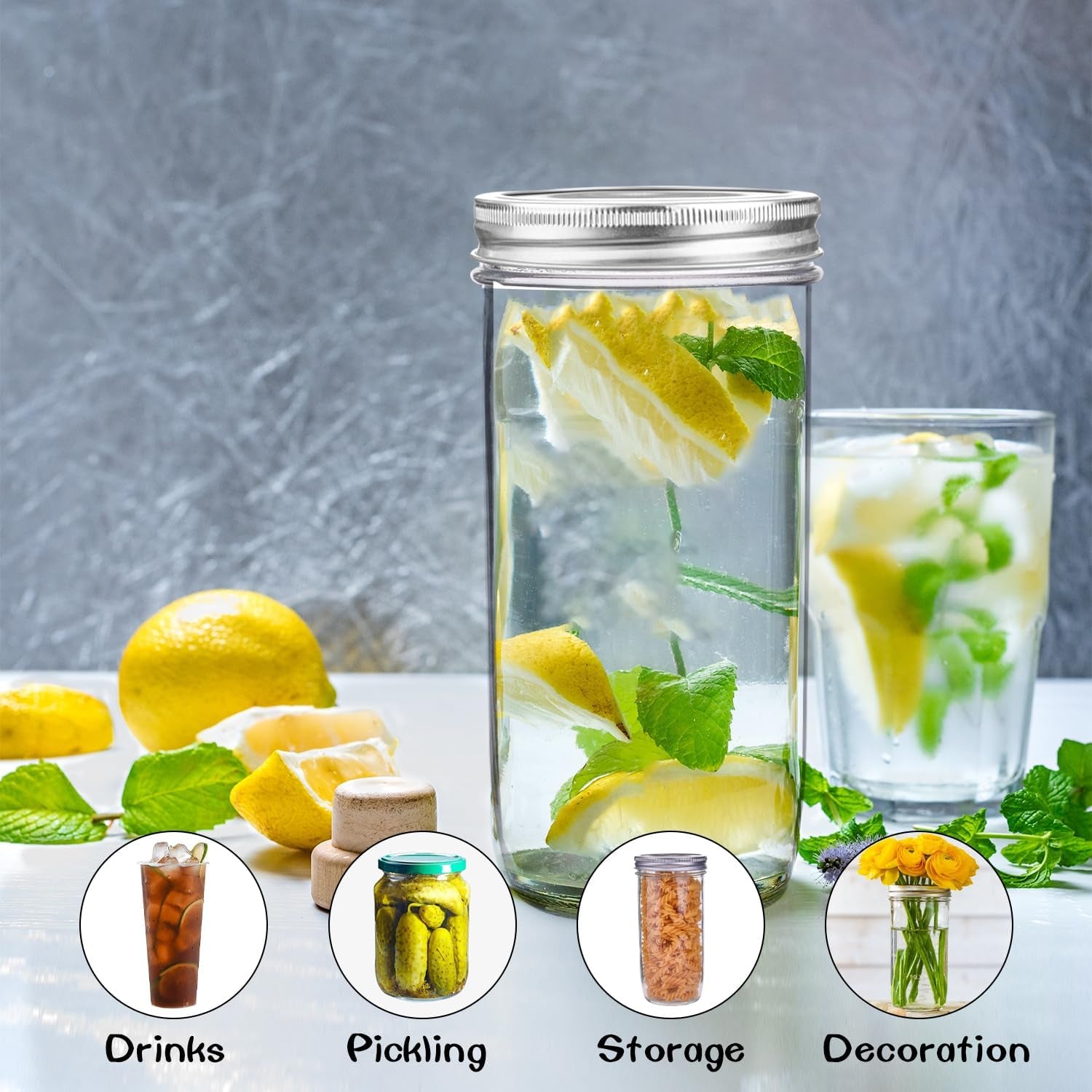 24 Oz Mason Jars,6 Pack Wide Mouth Mason Jars 24Oz with Lids,Tall Mason Jars for Canning,Preserving,Fermenting,Pickling