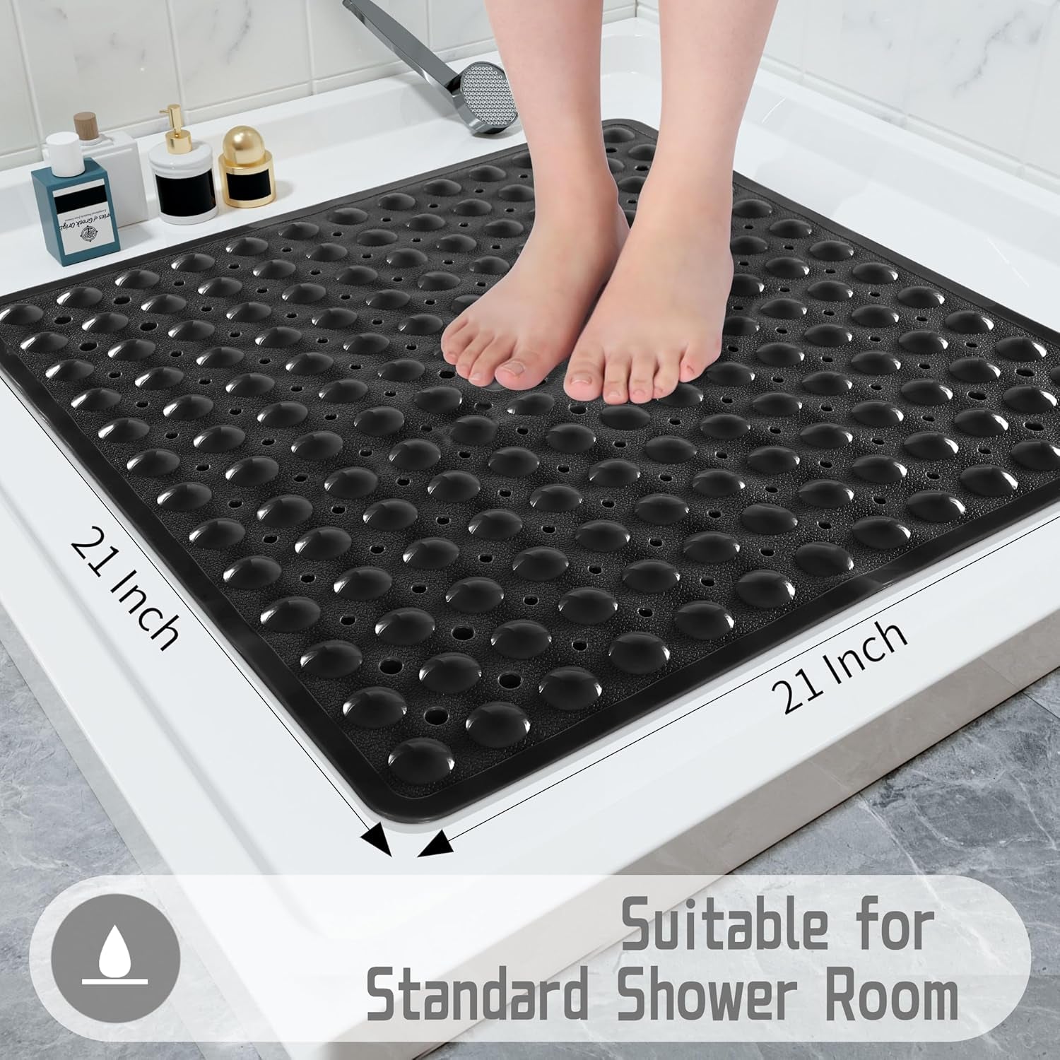 Shower Stall Mat Non Slip, 21X21 Inch, Soft Square Bath Mat for Shower with Suction Cups and Drain Holes, Stall Floor Mats for Bathroom, Machine Washable, Bathroom Accessories, Black
