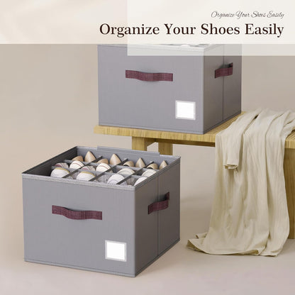 Shoe Organizer for Closet, 2 Pack Shoe Organizer with Transparent Cover and Sturdy Handles, Closet Shoe Storage for Sneakers Sandals Slippers, Fit 12-16 Pairs, Gray