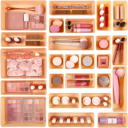 25 PCS Plastic Drawer Organizers Set, 4-Size Versatile Bathroom and Vanity Drawer Organizer Trays, Storage Bins for Makeup, Bedroom, Kitchen Gadgets Utensils and Office