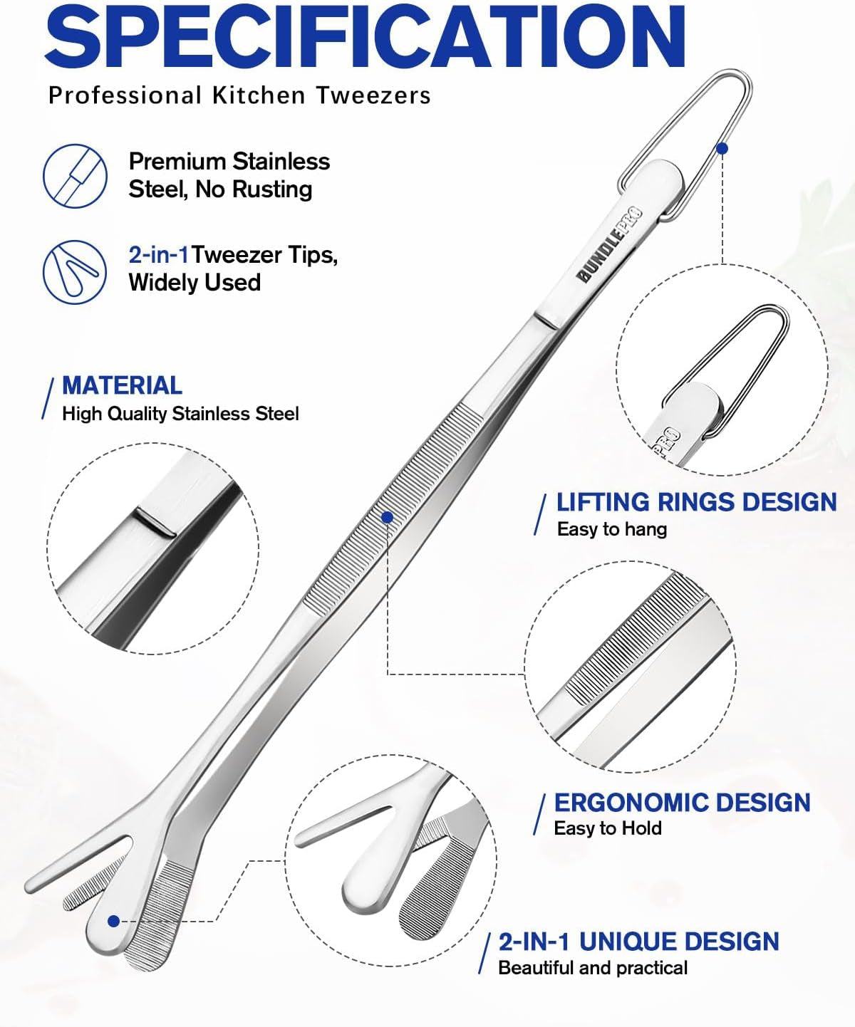 Fine Long Tweezer Tongs Professional Black, 8-Inch Stainless Steel for Kitchen, Food, Cooking, Repairing, Sea Food and BBQ (SILVER)