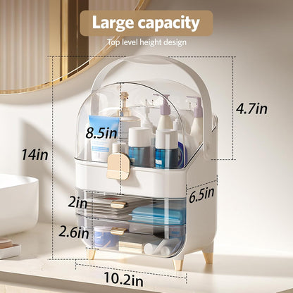 Makeup Organizer for Vanity, Skincare Organizer with Lid and Drawers, Bathroom Counter Organizer Perfume Makeup Storage, Large Cosmetic Display Case for Dresser, Bathroom Countertop, White
