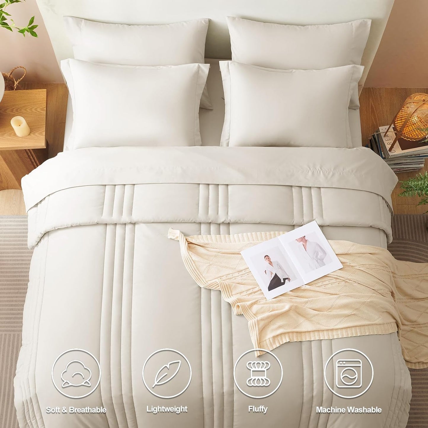 Queen Comforter Set - 7 Pieces Bed in a Bag Beige Comforters Queen Size Bed Set, Soft Bedding Set with All Seasons Comforter, Sheets, Pillowcases & Shams