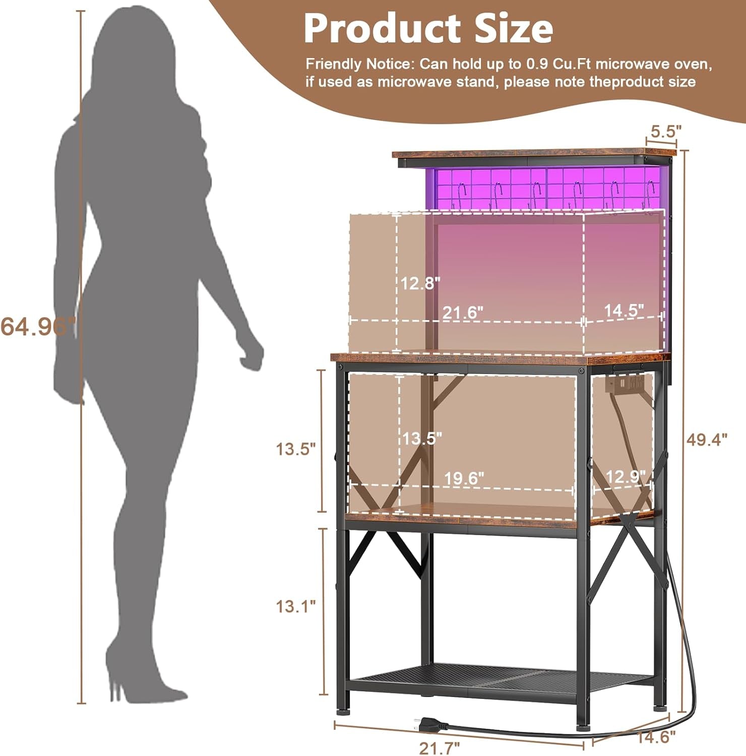Bakers Rack with Power Outlet and LED Light, Small Microwave Stand with 4 Tier Shelves, Coffee Bar Station Table with 6 S Hooks, Kitchen Storage Rack for Spices, Pots, Rustic Brown