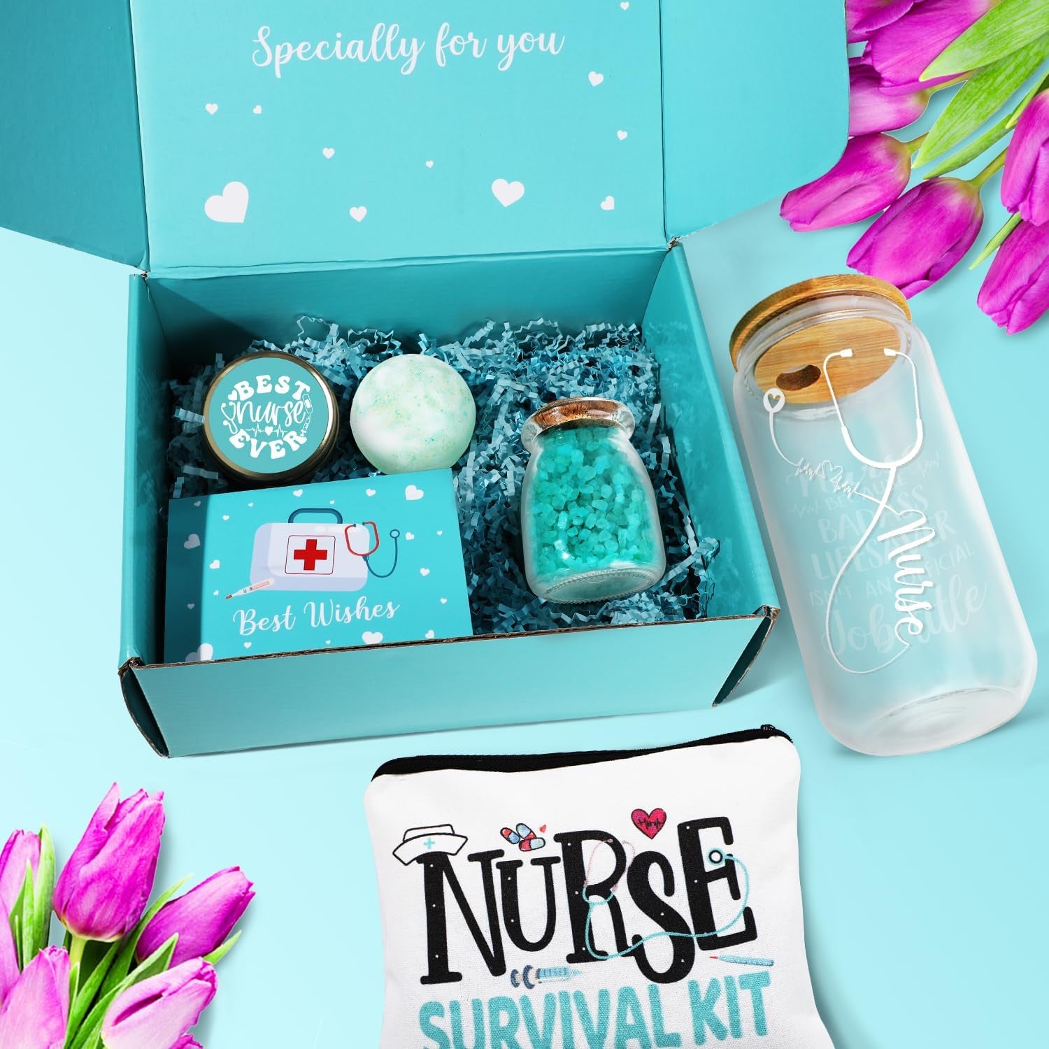 Nurse Gifts for Women, Nurses Week Gifts, Nurse Appreciation Gift for New, Graduation, Birthday - 16 Oz Glass Cup Gift Set