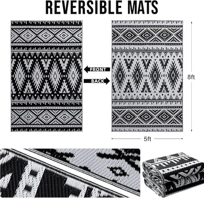 Outdoor Rug Waterproof 5X8 Ft, Reversible Outdoor Plastic Straw Rug, Boho Patio Rug, Indoor Outdoor Carpet, RV Mat outside for Patio, Camp, Picnic, Balcony, Deck, Backyard, Black & White