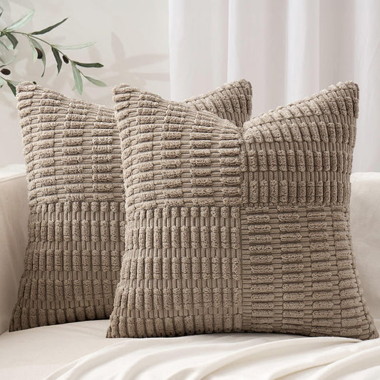 Set of 2 Light Brown Decorative Pillow Covers 18X18 Inch Textured Striped Patchwork Accents Farmhouse Boho Soft Corduroy Couch Pillows for Sofa Living Room Bed Home Decor