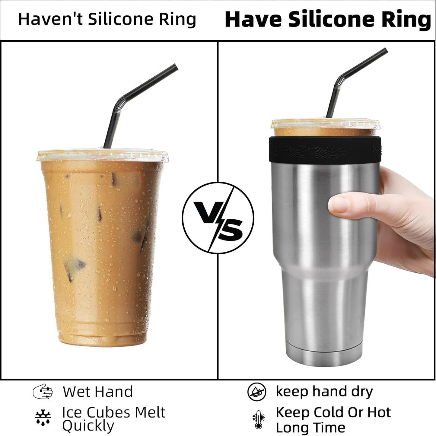 Silicone Ring for 30 Oz Stainless Steel Tumbler,Reusable Iced Coffee Sleeve for Stainless Steel Tumbler,For 30Oz Yeti,Rtic,Bjpkpk,For the Cup Mouth Diameter 3.9-4 Inch (Black)
