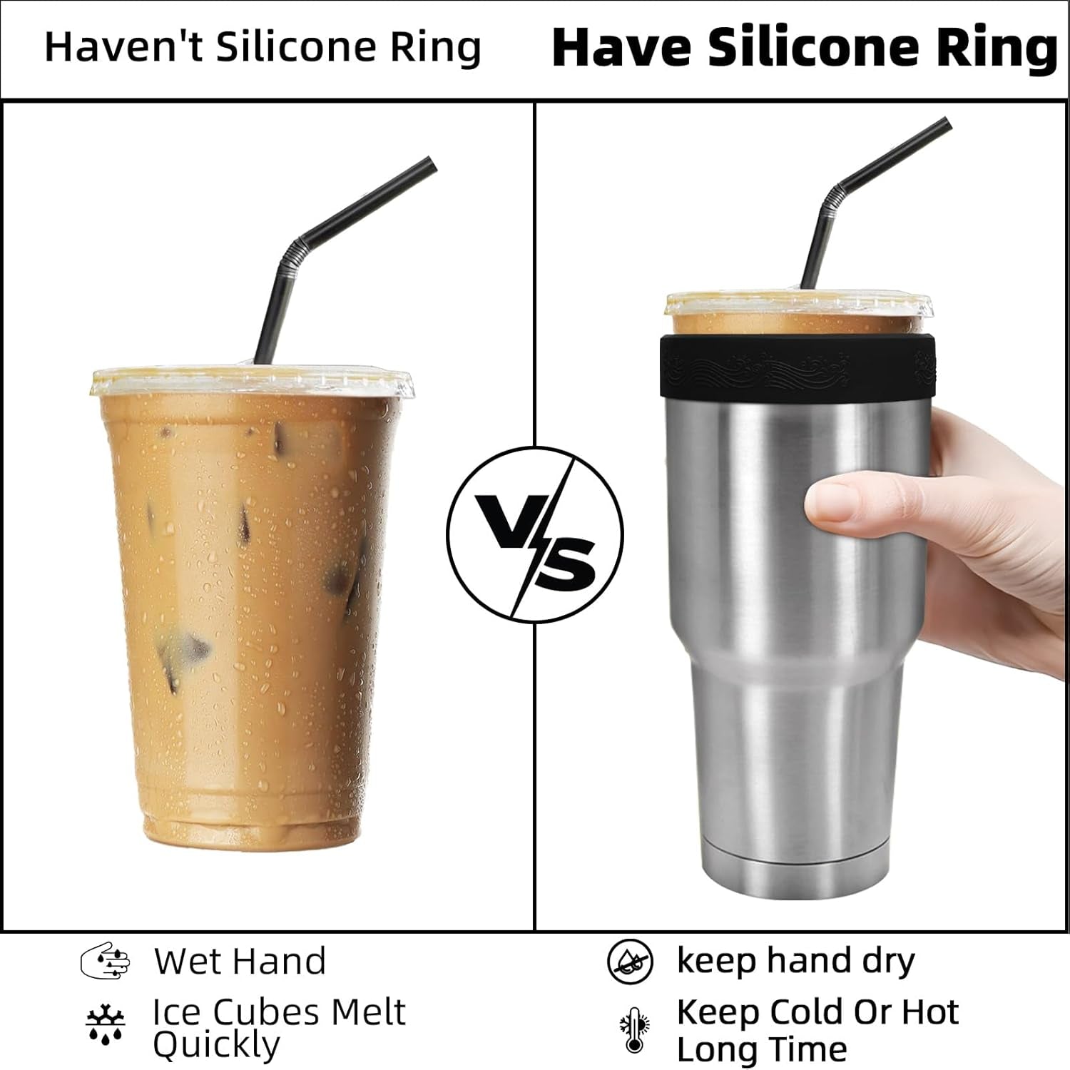 Silicone Ring for 30 Oz Stainless Steel Tumbler,Reusable Iced Coffee Sleeve for Stainless Steel Tumbler,For 30Oz Yeti,Rtic,Bjpkpk,For the Cup Mouth Diameter 3.9-4 Inch (Black)