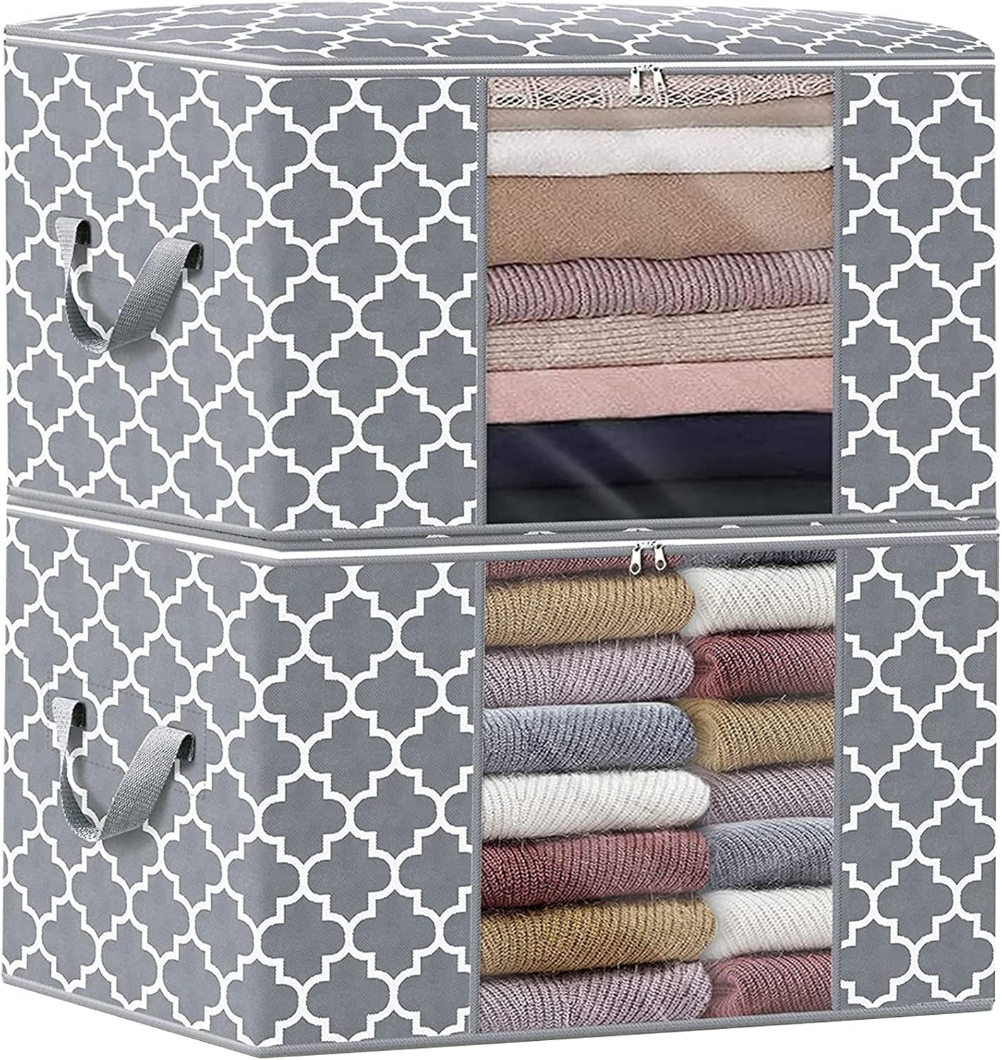 Storage Bags 100L 2-Pack Large Blanket Clothes Organization and Storage Containers for Bedding, Comforters, Foldable Organizer with Reinforced Handle, Clear Window, Sturdy Zippers, Light Grey