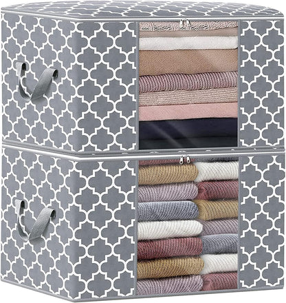 Storage Bags 100L 2-Pack Large Blanket Clothes Organization and Storage Containers for Bedding, Comforters, Foldable Organizer with Reinforced Handle, Clear Window, Sturdy Zippers, Light Grey