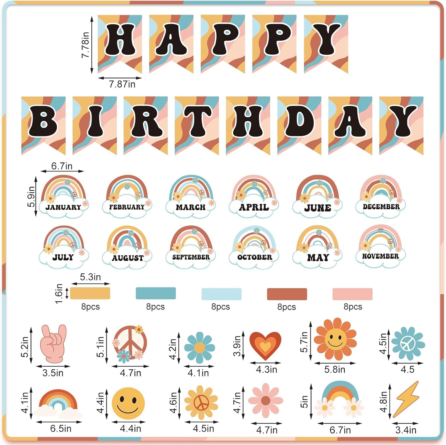 85Pcs Retro Classroom Happy Birthday Buletin Boards Set, Groovy Rainbow Theme Chart Calendar Posters with Glue Point for Kindergarten Prechool Wall Decorations