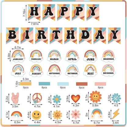 85Pcs Retro Classroom Happy Birthday Buletin Boards Set, Groovy Rainbow Theme Chart Calendar Posters with Glue Point for Kindergarten Prechool Wall Decorations