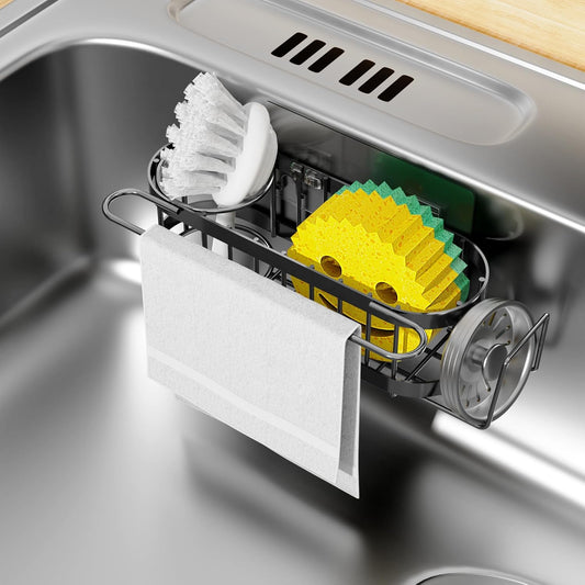 Kitchen Sink Caddy Sponge Holder in the Sink, Stainless Steel Kitchen Sink Organizer, Brush Holder, Dish Cloth Hanger, Sink Stopper Holder with 2 Installation Ways (Suction & Adhesives
