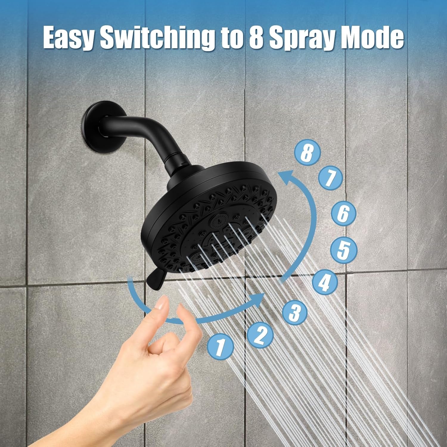 8 Spray Modes Shower Head, 5 Inch High Pressure Shower Heads with 62 Anti-Clogging Nozzles and Adjustable Brass Ball Joint, Replacement for Bathroom Showerhead, Matte Black