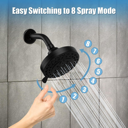 8 Spray Modes Shower Head, 5 Inch High Pressure Shower Heads with 62 Anti-Clogging Nozzles and Adjustable Brass Ball Joint, Replacement for Bathroom Showerhead, Matte Black