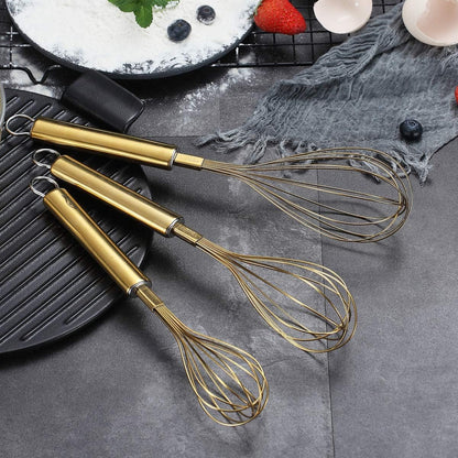 Gold Stainless Steel Whisk Set - 3-Piece (8", 10", 12") with Titanium Plating for Cooking and Baking