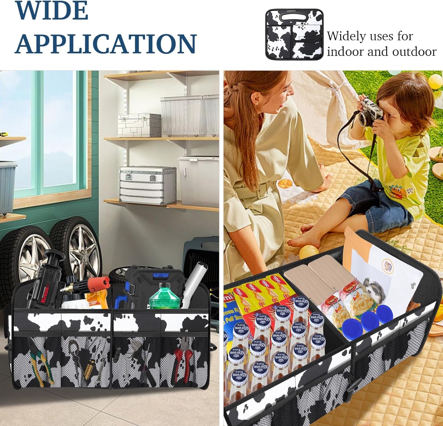 Car Trunk Organizer, Cow Print, Vintage Style, 52L Capacity, 4 Compartments, Waterproof, Non-Slip, Collapsible, 22.5"D X 18"W X 10.8"H