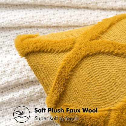 Spring Decorative Throw Pillow Covers Mustard Yellow 18X18 Inch Set of 2, Soft Plush Faux Wool Couch Cushion Covers Farmhouse Throw Pillows for Couch Bed Sofa Living Room