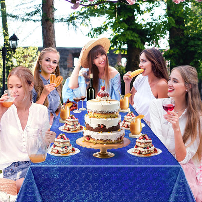 Set of 2 Royal Blue Holographic Laser Tablecloths with Sparkling Star Design, 54 x 72 Disposable Shiny Table Covers for Birthday Parties, Weddings, Anniversaries, and Bachelorette Celebrations